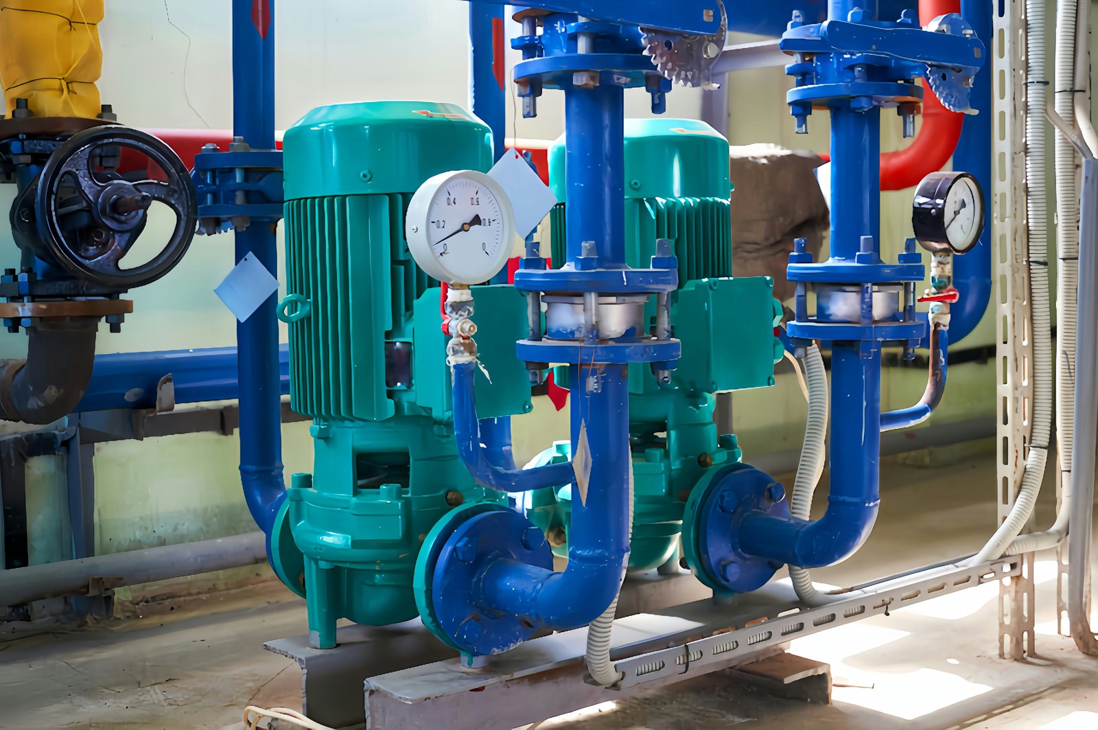 Vertical in-line pump installation with gauges and valves